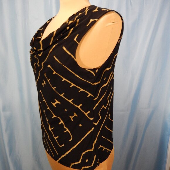 Chaps Black & Tan Tribal Print Draped Cowl Neck Sleeveless Stretch Career Top PL - Picture 2 of 8